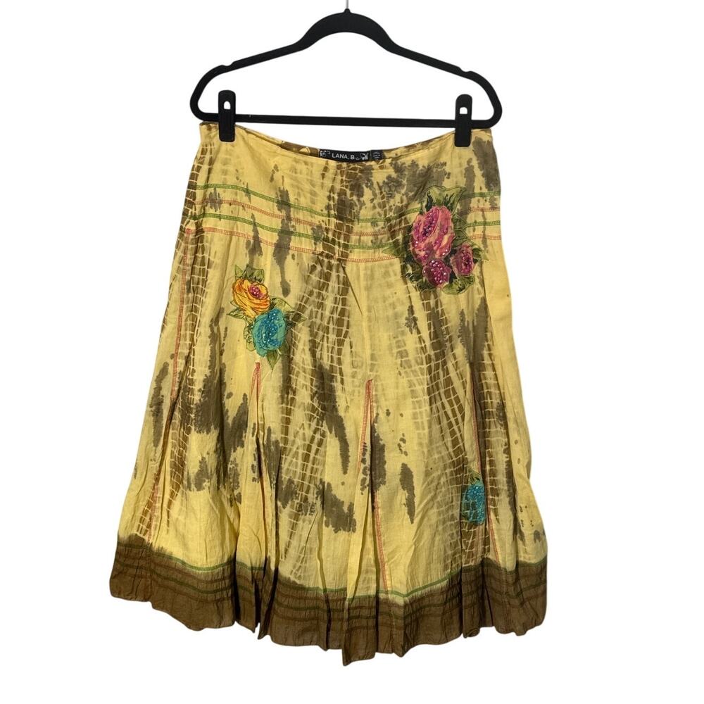 Lana B. Vintage Boho Sequin Floral Flowy Yellow Midi Tie Dye Skirt Gypsy Size XL